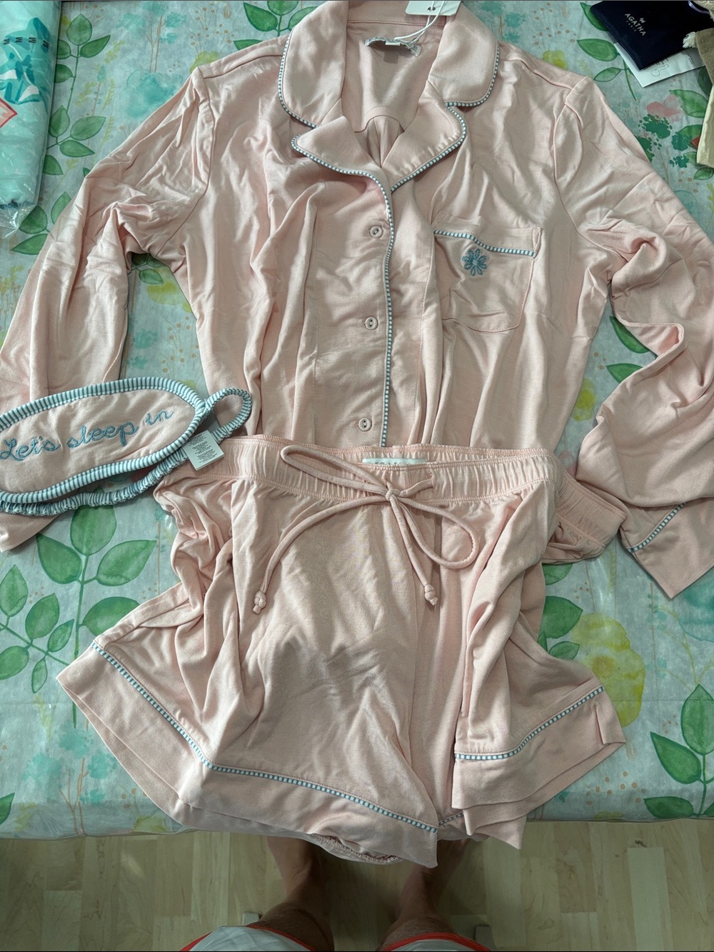 P.J. Salvage NEW WITH TAGS Pink Rose Pajama Set with Striped Trim and Sleep Mask - Picture 2 of 4